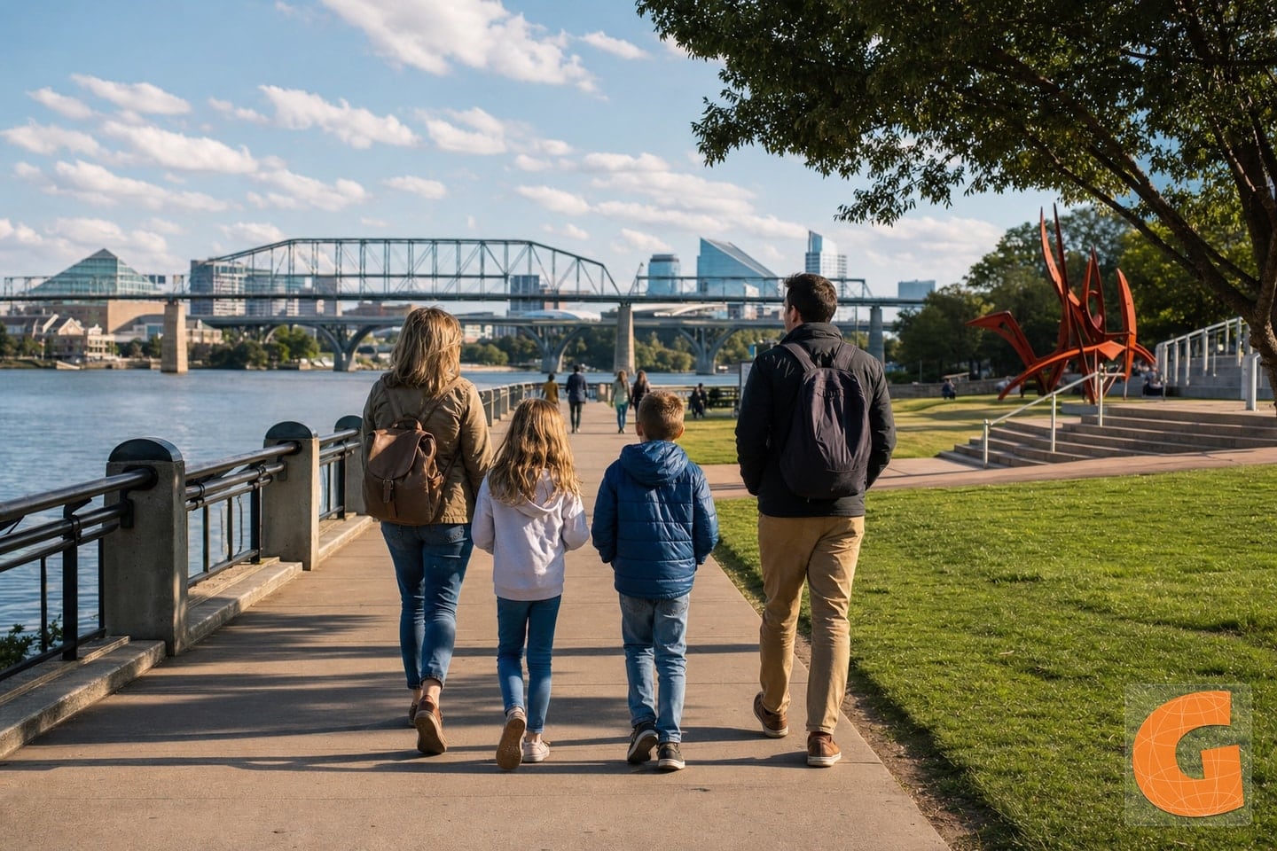 Rätselrunde am Riverwalk mit Kunst und Aussicht